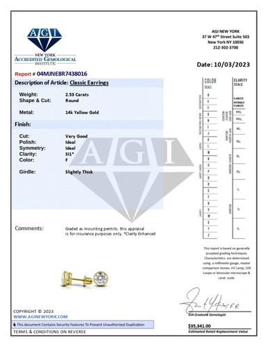 Pendientes clásicos de oro amarillo con diamantes naturales certificados corte redondo F SI1 2,53 ctw - Imagen 10 de 12