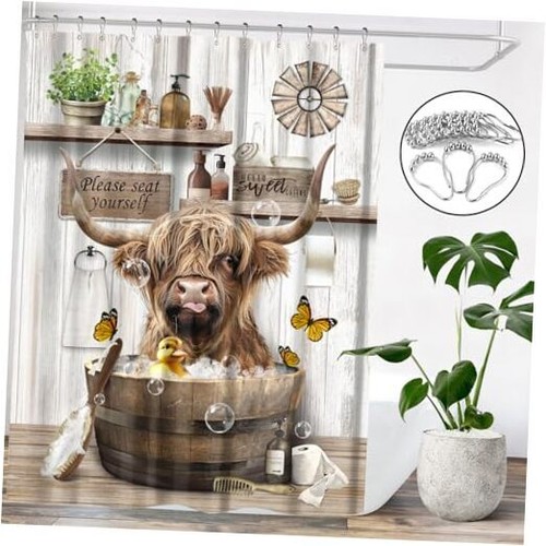 Farmhouse Highland Cow Shower Curtain Rustic Farm Cute Cow 72" Wx72" L Cow2