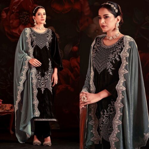 BLACK VELVET HEAVY EMBR INDIAN PAKISTANI READYMADE SALWAR KAMEEZ SUIT LADIES DEN - Picture 3 of 3