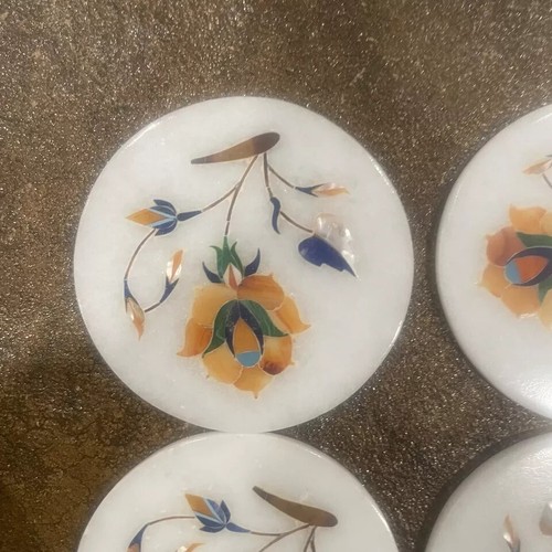 SET 6 sottobicchieri in marmo bianco + supporto pietre semi preziose intarsio floreale fatti a mano - Foto 8 di 11