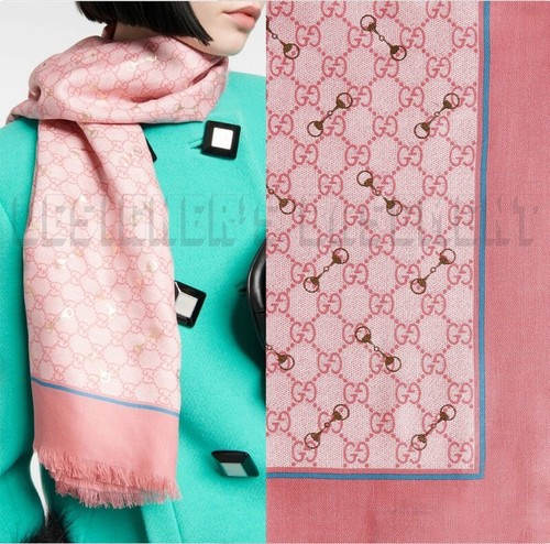 GUCCI pink GG with gold Horsebits print giant 53" square modal & silk scarf NWT - Picture 1 of 10