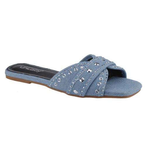 Women's Square Open Toe Denim Flat Sandals Slip On Mule Slides Braided Strap Sli - Picture 39 of 48