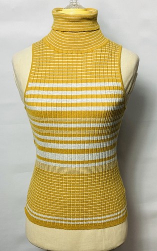 HEM & THREAD STRIPED TURTLENECK KNIT TOP – MUSTARD SLEEVELESS SIZE S NWT