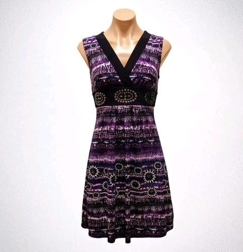 BCX Size XS Purple Tie-Dye V-Neck Sleeveless Dress Embellished Empire Waistband