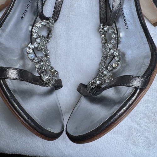 Giuseppe Zanotti Heels Size 37.5 Metallic T Strap Jewel Embellished Silver Glam - Picture 11 of 15