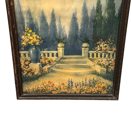 Vintage Framed Art Deco Garden Print JA La Bretton - Picture 3 of 8
