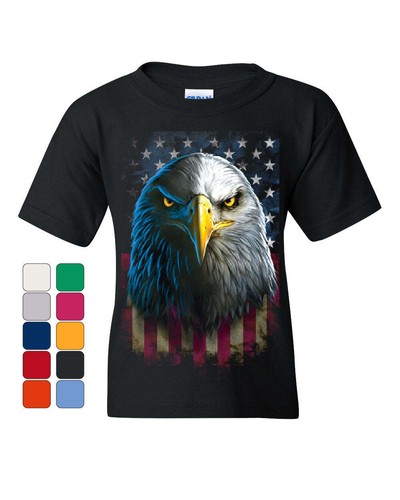 Bald Eagle Stare Youth T-Shirt 4th of July USA Stars and Stripes Flag Kids Tee - Picture 1 of 8