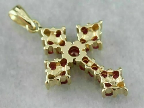 14k Yellow Gold Plated 2 Ct Round Lab Created Red Ruby & Diamond Cross Pendant - Picture 5 of 5
