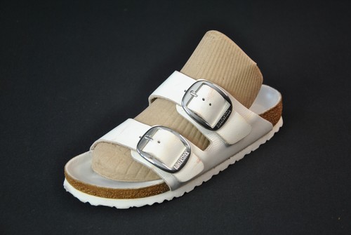 Gebeizte Birkenstock Arizona weiß Leder Sandalen Schuhe 38 L 7 schmal große Schnalle
