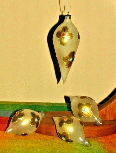 Vintage Christmas Ornament Teardrop Set of 4 Glass Hand Painted Gold Trim Floral - Bild 5 von 12