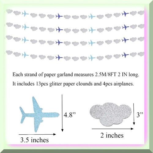 Sky High Celebration - Glittery Airplane Clouds Garland for Aviation Themed Birt - Imagen 4 de 6