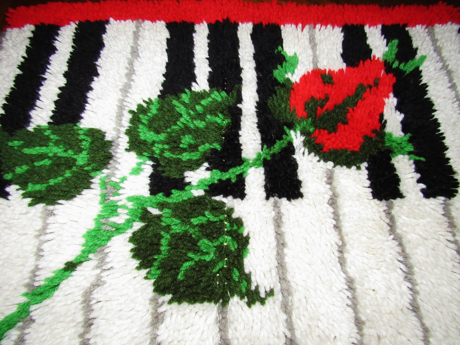 70's Handmade Latch Hook Red Rose Rug on Piano Keys ? 70's Handmade Latch Hook Red Rose Rug on Piano Keys ?