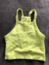 Women's Crop Tank Green Ribbed Knit Halter Neck Fitted 19" Bust/Chest Top