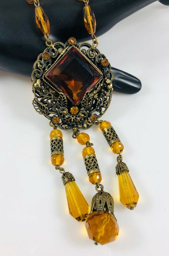 Antike Tschechoslowakei Max Neiger Bernstein braun lange Hänger Halskette Glasglieder - Bild 5 von 10