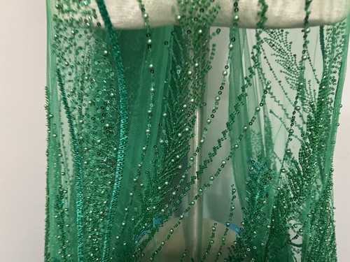 Kelly Green Beaded Sequins Embroidery Bridal Lace Fabric 50” Width Sold By Yard - Picture 3 of 6