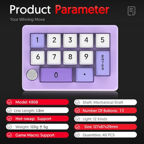 13 Key Macro Programmable Mechanical Game Keyboard Hot Swappable(Light Purple) - Bild 9 von 10