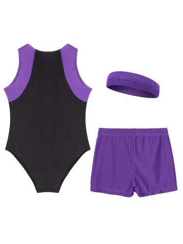 Kids Girls Leotard With Shorts Stage Performance Gymnastics Outfits 3Pcs/Set - Picture 29 of 74