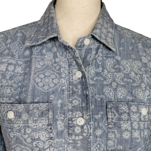 Camicia Lands End L/S blu paisley chambray media 10 12 tasche con bottoni - Foto 3 di 7