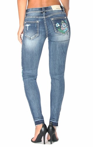 Grace in LA Women's Floral Distressed Embroidered Skinny Fit Stretch Jeans - Picture 3 of 27