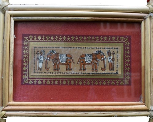 Royal Guards Standing with Elephants Palm Leaf Painting Frame with Cane Stick - Picture 2 of 3