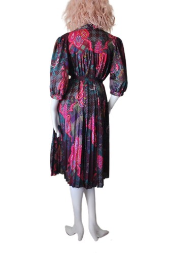 Boho Multicolor Paisley Day Dress ¾ Sleeve Belted Pleated Vintage  70’s - Picture 4 of 8