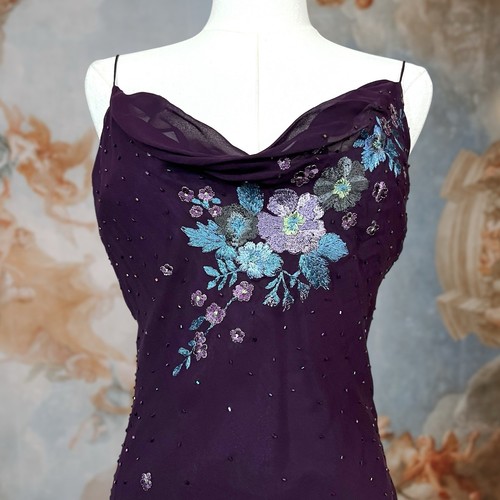 Vintage Y2K 00s Purple Floral Beaded Asymmetrical Silk Fairy Dress Sz 8 Med - Picture 3 of 9