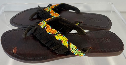 MYSTIQUE Handmade Beaded Suede Leather Fringe Thong Sandal 9 fits 8 Brown $240 - Picture 4 of 9