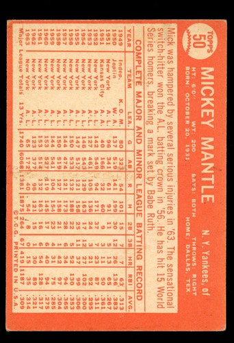 1964 Topps 50 Mickey Mantle New York Yankees EX (MK) BELLEZZA SENZA PIEGHE - Foto 2 di 2