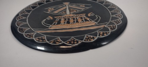 Egyptian Etched Copper And Enamel Wall Plate Nautical Egypt Greek Roman Ship - Picture 4 of 9
