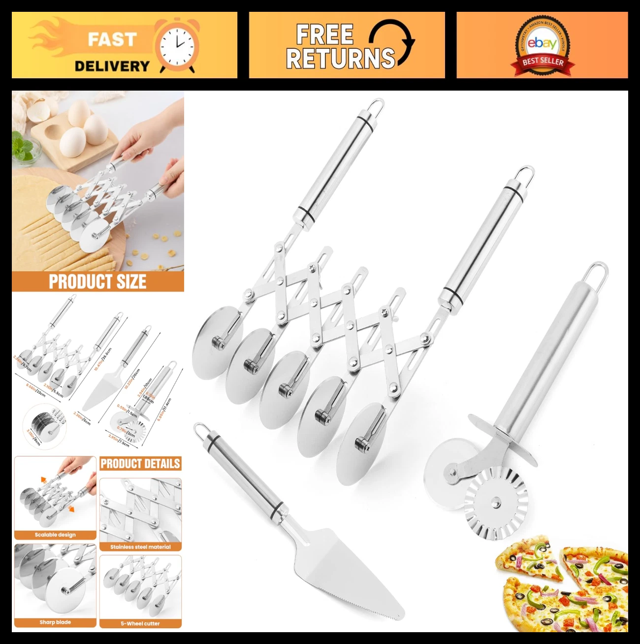 5 Wheel Pastry Cutter - Expandable Stainless Steel Dough Divider & Pizza Roller
Opens in a new windo