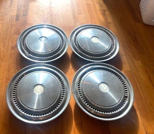 CHRYSLER 4 LARGE VINTAGE HUBCAPS-17" OUTER DIAMETER-CORPORATION LOGO-USED - Picture 2 of 5