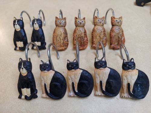 Vintage Set of 11 Country Cat Shower Curtain Hooks Rings Metal