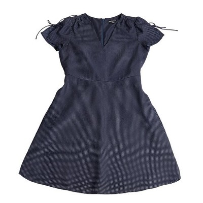 J Crew Mercantile Dress Womens 4 Navy Polka Dot V-Neck Tie Sleeve Fit and Flare
