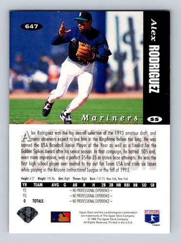 1994 Collector's Choice #647b Alex Rodriguez Rookie Seattle Mariners - Picture 2 of 2