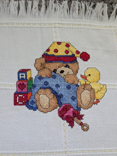 Vintage 80s 90s Cross Stitch Baby Crib Blanket Teddy Bear Theme Nursery Colorful - Picture 3 of 10