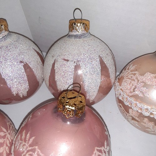Vintage Krebs Pink Glass Christmas Ornaments Lace Victorian Balls Set Of 6 - Picture 2 of 7