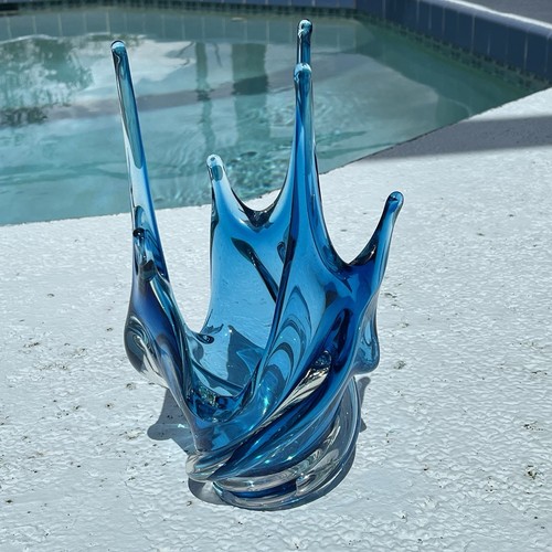 Vintage Chalet BLUE Swirl 6 Point Stretch Hand Blown Art Glass Vase Dish MCM 60s