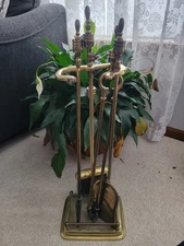 Vtg Brass Fireplace Tool Set, Shovel Brush Poker Tongs Stand