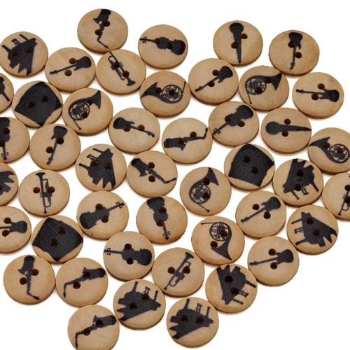 50pcs Music Instrument Print Wood Buttons, for Sewing, Scrapbooking & DIY 15mm - Picture 3 of 5