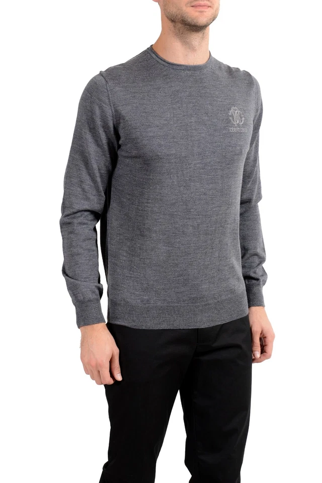 Suéter de cuello redondo gris 100 % lana Roberto Cavalli para hombre Foto 2 de 4