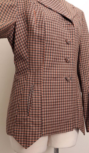 1940's Brown Check Suit Jacket Blazer Gabardine Plaid WWII 1930s Deco Vintage M - Picture 5 of 9