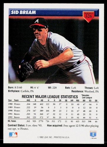 1993 Donruss #526 Sid Bream Atlanta Braves - Picture 2 of 2