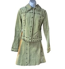 Vintage Cach  Sage Green Genuine Leather Jacket Skirt Set Y2K Laser Cut L READ