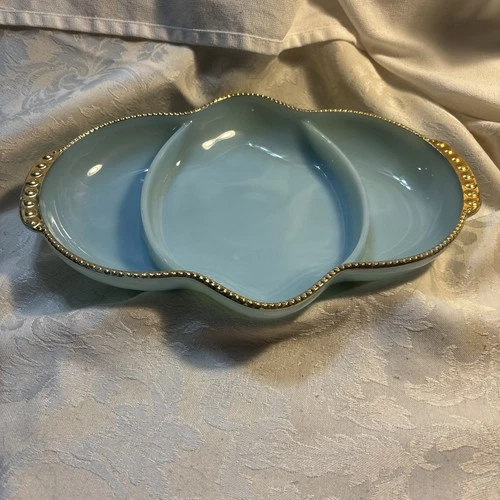 Vintage Fire King Delphite Blue 3 Section Glass Serving Tray Plate Gold Trim 11"
