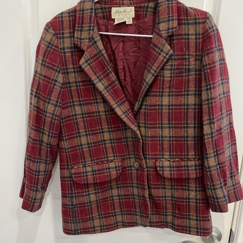Vtg Eddie Bauer Women Petite Small Brown Red Blue Wool Blazer Plaid - Picture 1 of 12