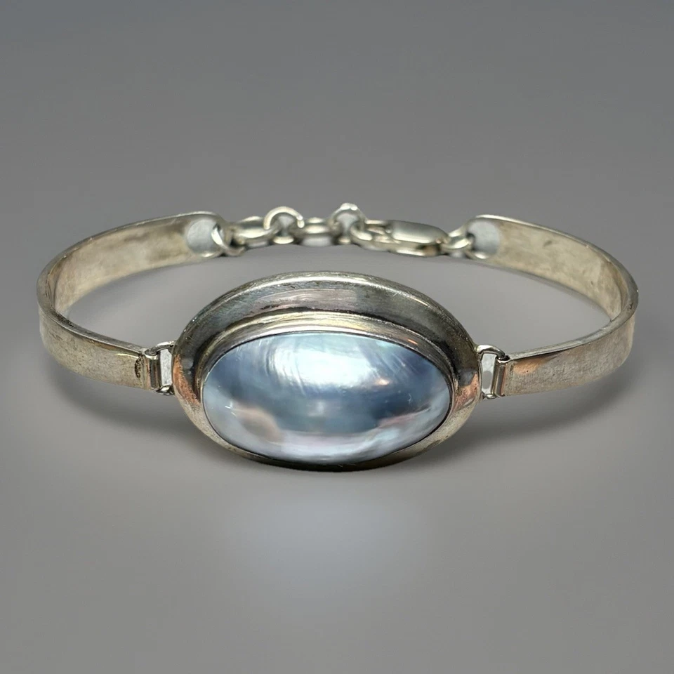 Pulsera vintage de plata de ley 925 perlas Mabe azules talla 7 38,22G Foto 2 de 4