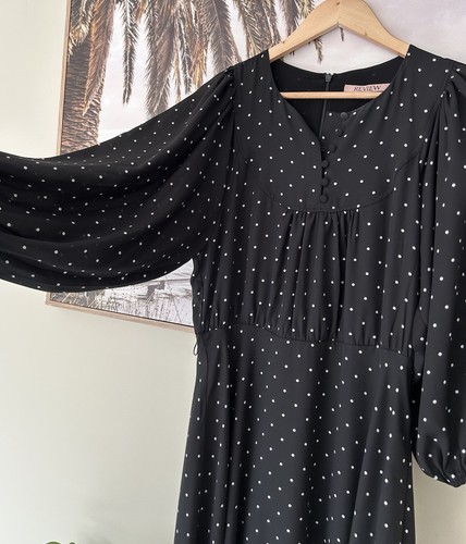 REVIEW 3/4 Sleeve Black & White Polka Dot Relaxed Tie Dress Size 12 - Picture 5 of 8