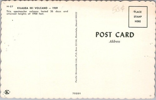 Postal de colección 1959 de Hawaii "volcán Kilauea Iki" escena de lava/cromo - sin usar - Imagen 2 de 2