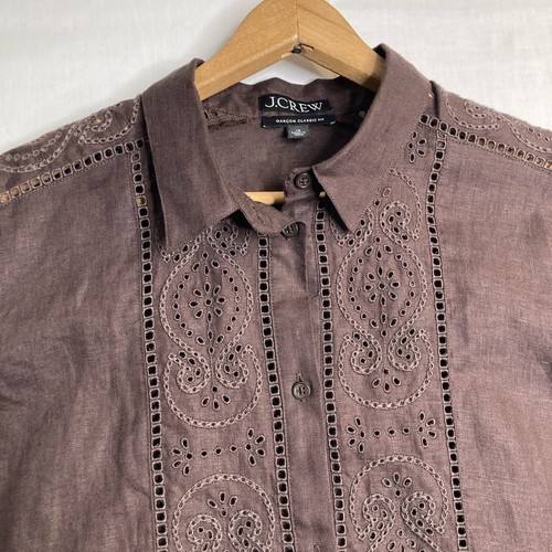 J Crew Garcon Classic Shirt Womens 18 Brown Button Up Linen Eyelet Embroidered - Picture 3 of 12