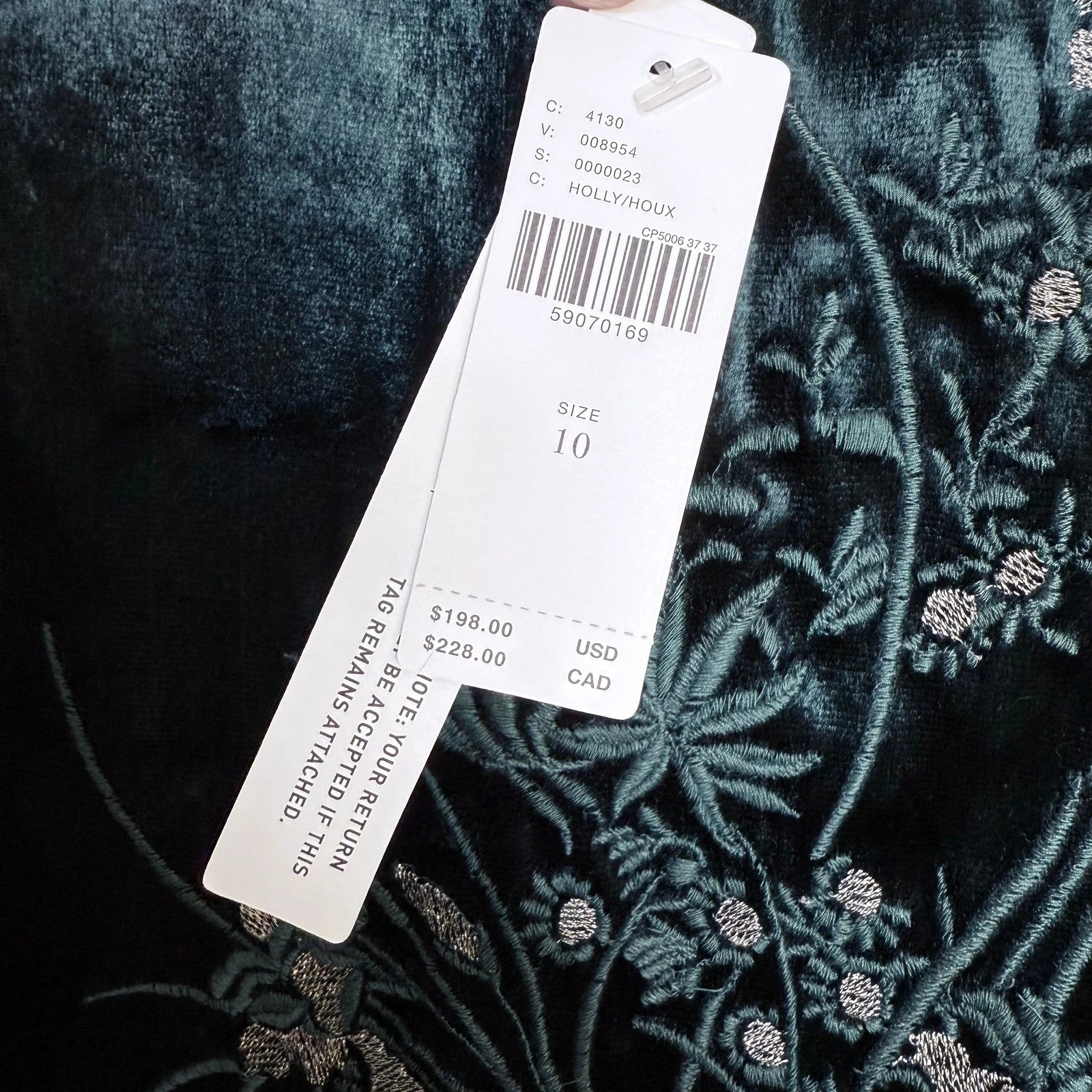 NUOVO abito Anthropologie verde celine ricamato velluto floreale tubino taglia 10 $198